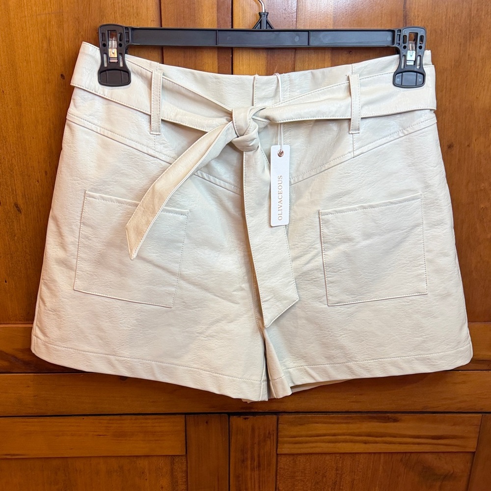 NWT Olivaceous Cream Tie-Waist Women's Faux Leather Shorts